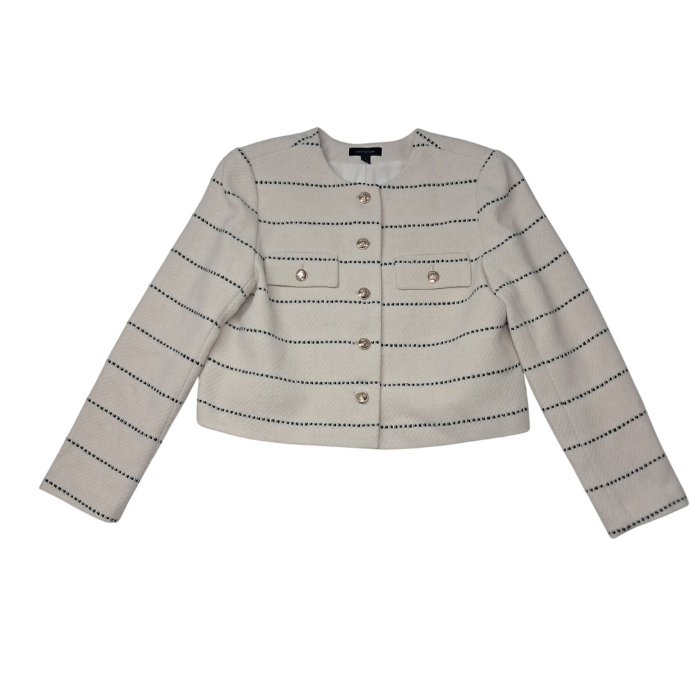 Ann Taylor Blazer Jacket Womens 12‎ Ivory Striped Tweed Lady Gold Buttons Work